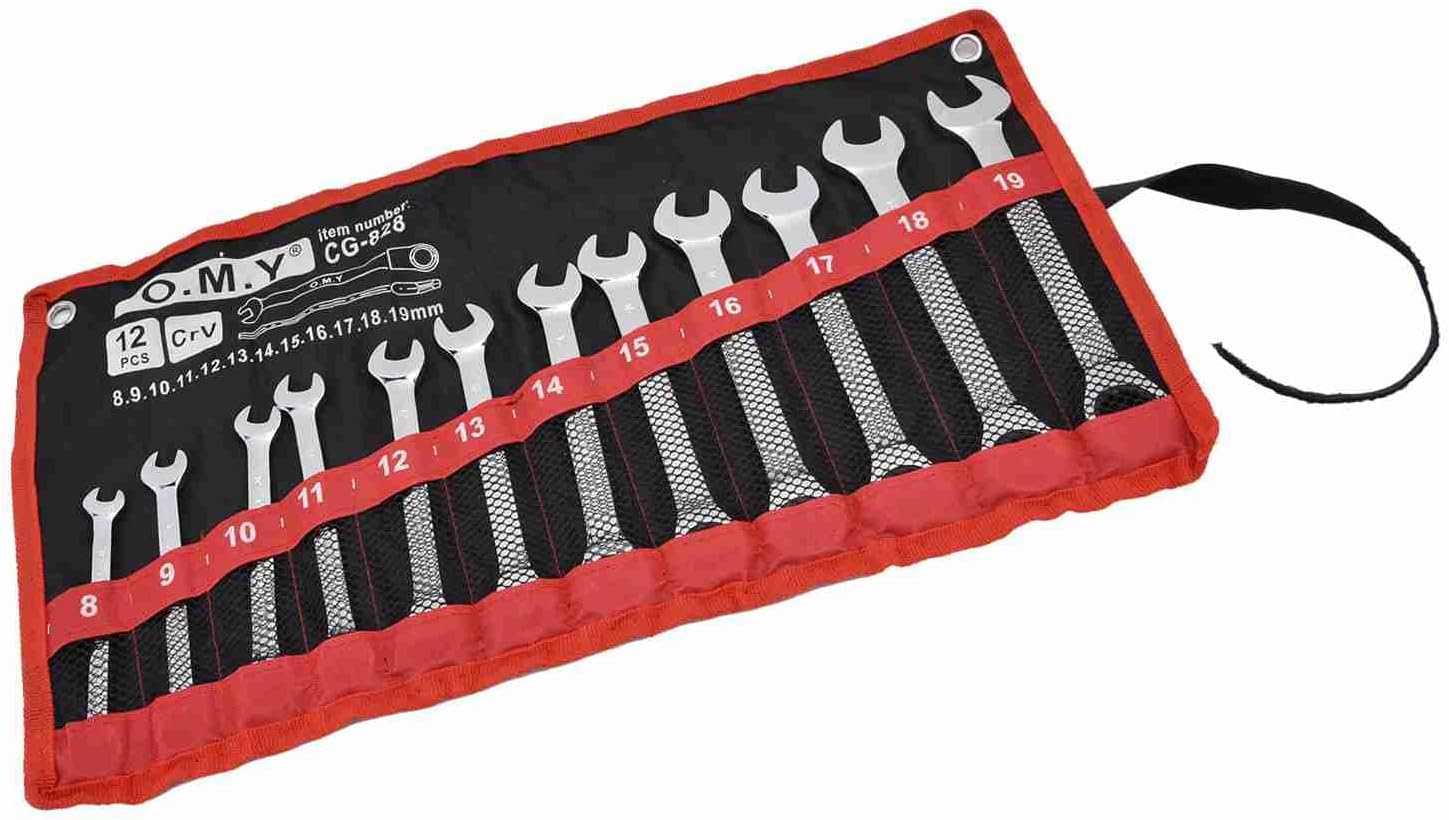 AMAKO Metric Ratcheting Wrench Set with Storage Bag, Chrome Vanadium Steel 8-19mm, 12pcs Combination Set (Fixed head)