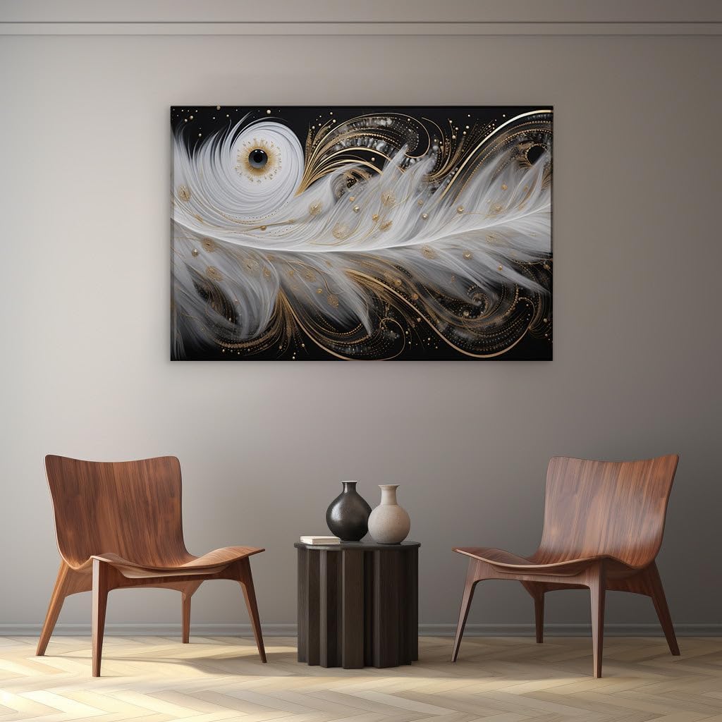 Canvas for Living room. Whispers of Gold and Dreams in Digital Artistry - The Enigmatic Fusion of Spirals and Feathers, 27 x 18 inch Canvas Wall Art - Inspirational Office Decor