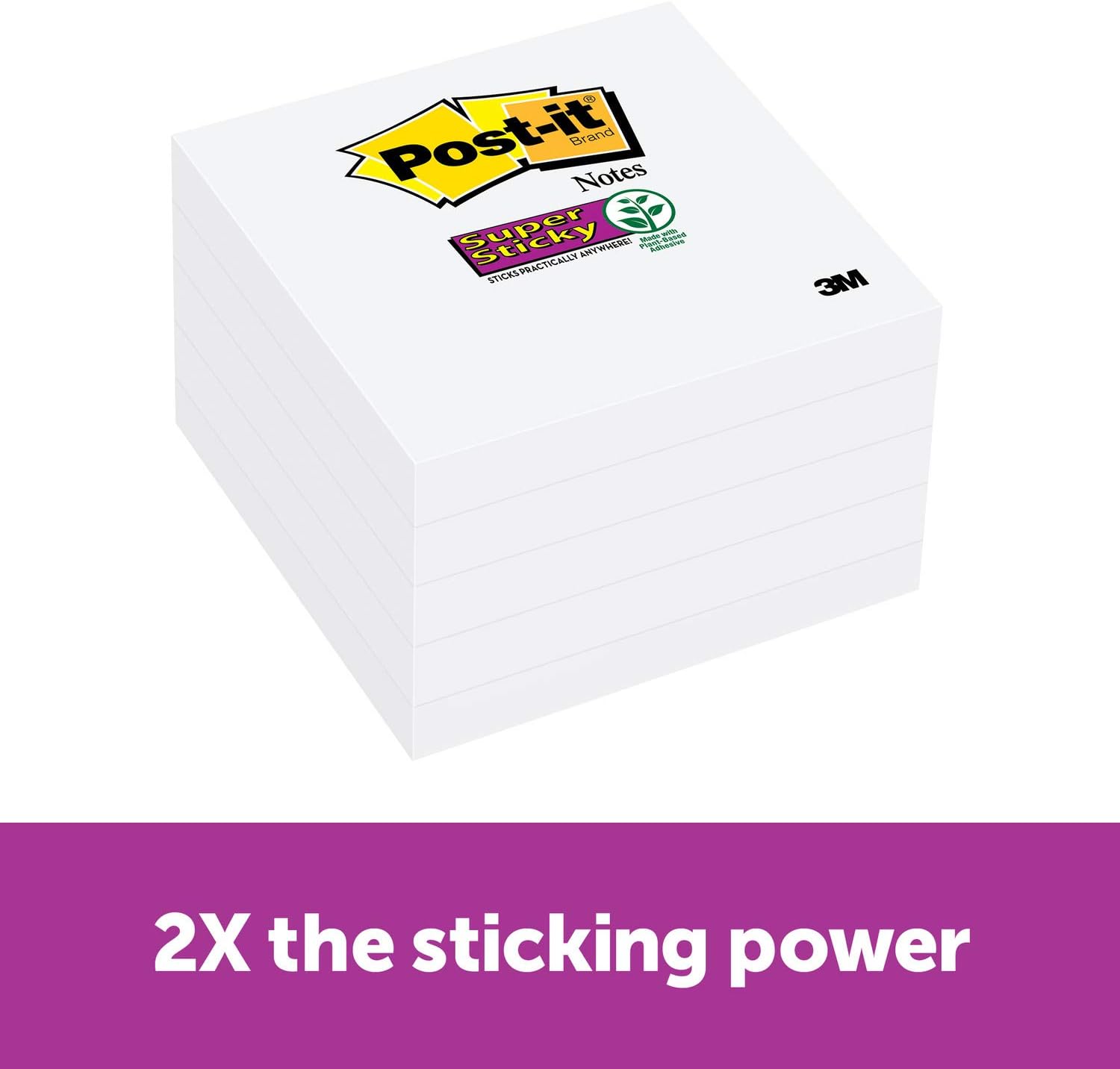 Post-it Notes Super Sticky Notes, 3" x 3", 5 Pads, 90 Sheets/Pad, White