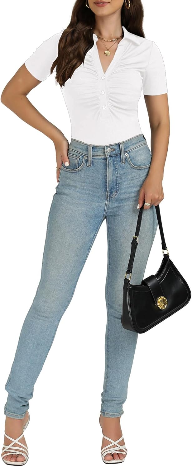 OPOIPIN Women's Rib Knit Collar Deep V Neck Ruched Buttons Short Sleeve Bodysuit Leotard Top - Image 6