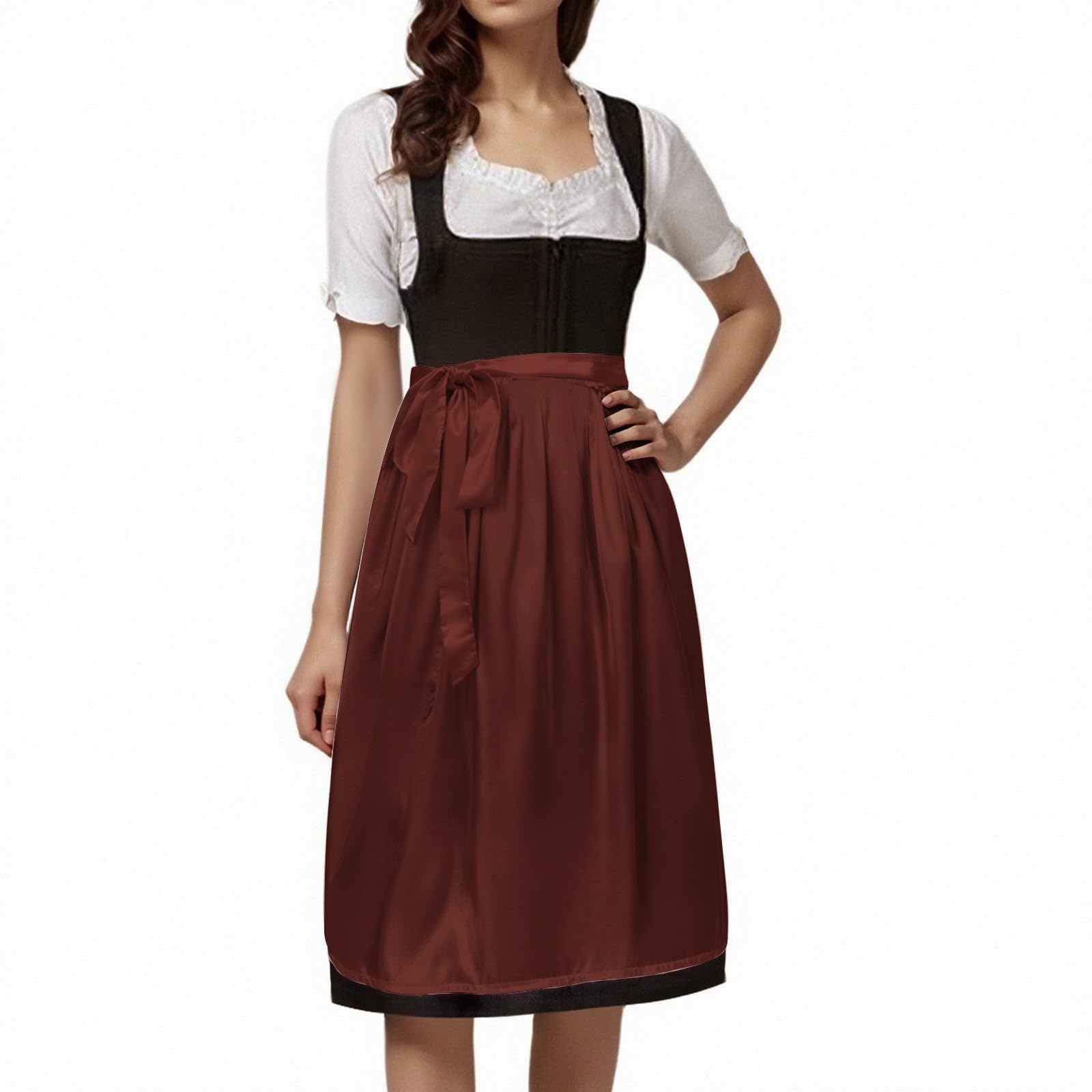 German Oktoberfest Costume for Women, Oktoberfest Apron Dirndl Dress Women Classic Plain Half Apron with Ribbons for Bavarian Style Cosplay Party Dress Brown