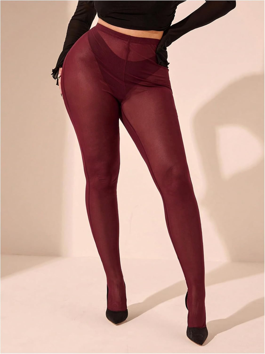 WDIRARA Women's Plus Size Lace Tights Sexy Sheer Leggings High Waist Skinny Pants Pantyhose - Image 3