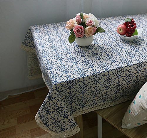 Superwinger Classic Linen Cotton Blue Flower Printed Tablecloth Dustproof Rectangular Table Cloth Wedding Party Hotel Table Cover,Assorted Size