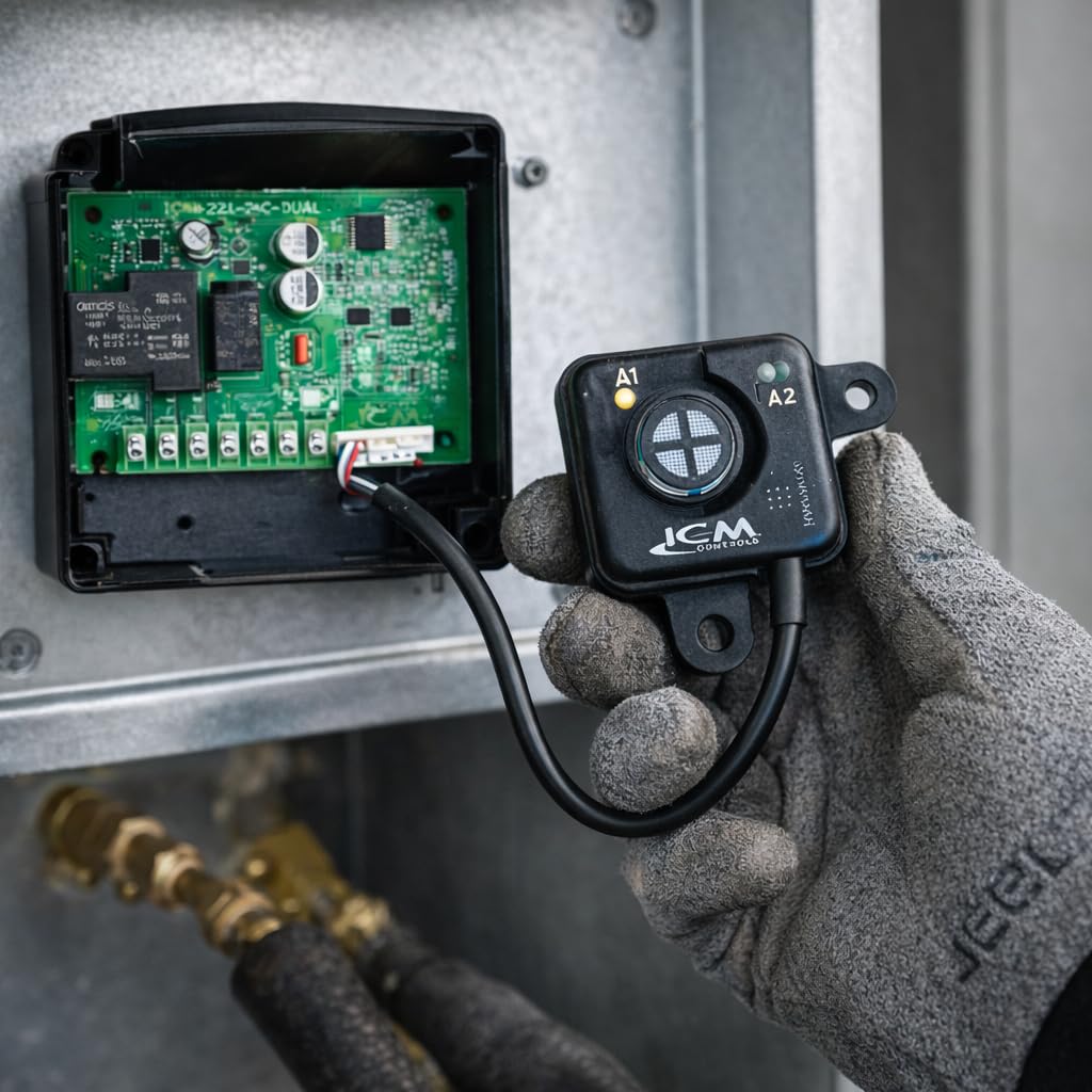 ICM-UA2L-24C-DUAL control board with a connected refrigerant sensor