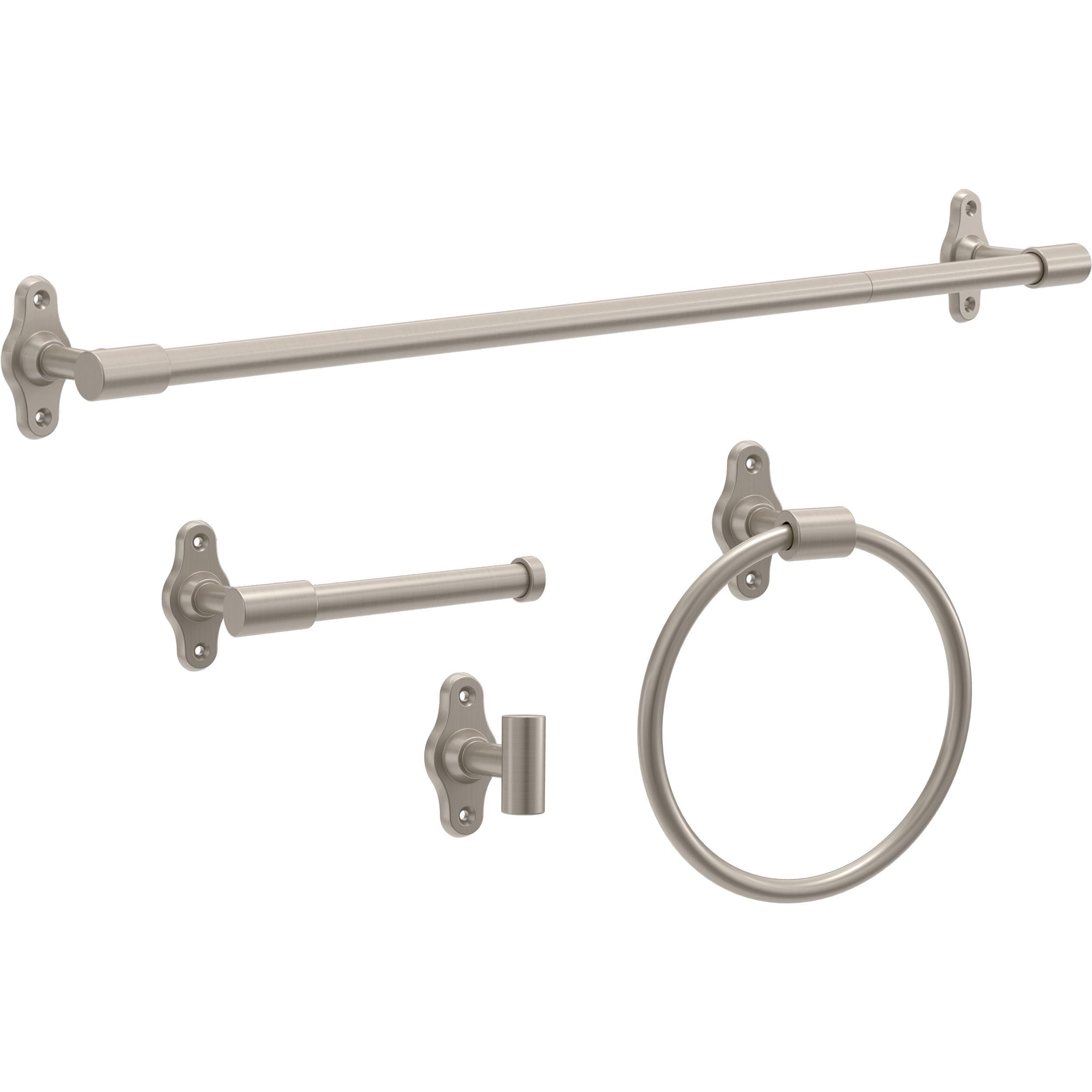 Franklin Brass Calloway 4-Piece Bathroom Set Satin Nickel 18" + 6" Towel Rack, Toilet Paper Holder, Hand Towel Holder, Hook | 4-Piece Bath Hardware