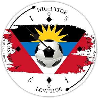 Soccer Theme Antigua and Barbuda Flag Wood Tidal Clock Ocean Time Maritime Coastal Beach High Tide Low Tide Clock Rustic Wooden Nautical Tide Movement Decor for Beach House Kitchen Wall Art 10in