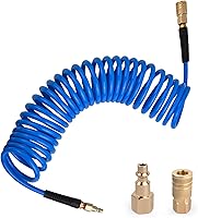 BOTSROOM 1/4" x 25ft Self-Coiling PU Air Compressor Hose Kit, 300 PSI, Blue w/ Fittings & Bend Restrictors