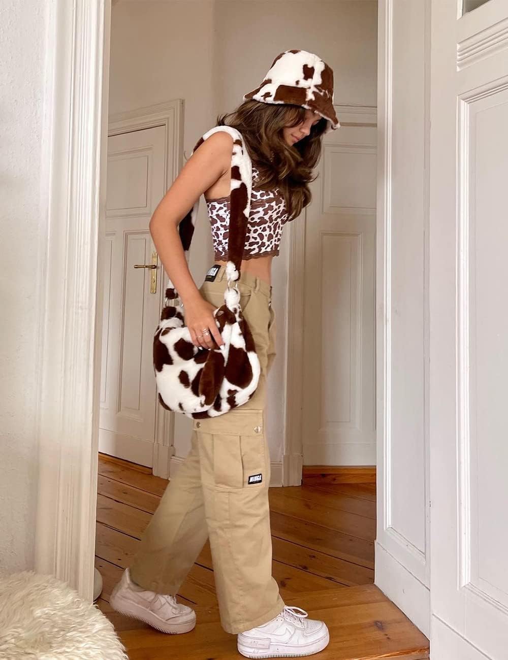 Faux Fur Crossbody Bag Cow Print Women Plush Fluffy Furry Shoulder Tote Bag with Zipper Closure