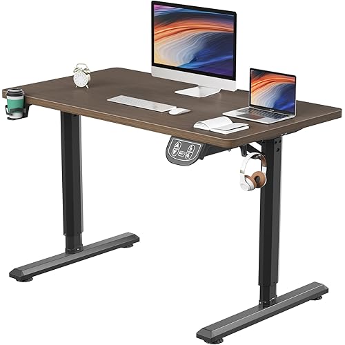 Dripex Electric Standing Desk Height Adjustable Computer Table-43 x 24 Inches Durable Large Workstation with Cup Holder and Earphone Hook, (Grey + Brown, 43x24'')