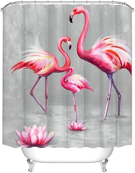 RnnJoile Flamingo Shower Curtains for Bathroom Tropical Shower Curtain Pink and Gray Fabric Bathroom Decor with Hooks 72"X72" Inches