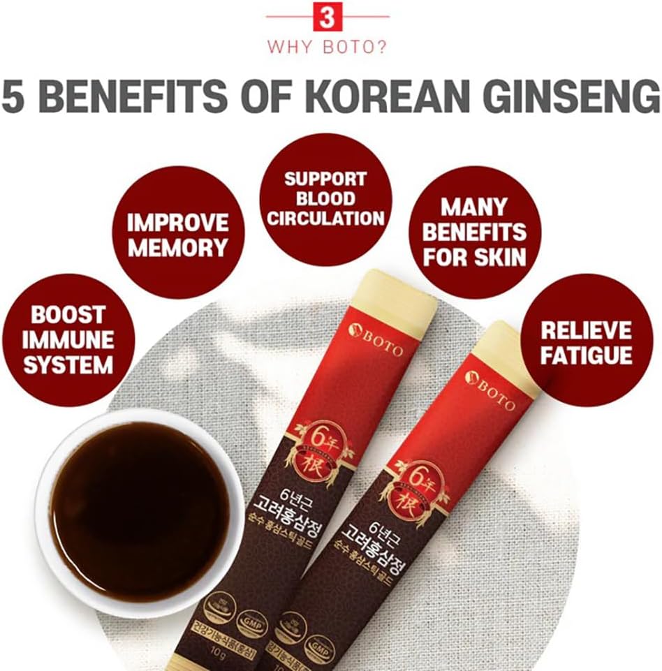 BOTO 6 Year Korean Red Ginseng Extract Pure Stick Gold | Premium Korean Ginseng Supplement for Daily Vitality | 100 Sachet. - Image 5