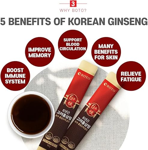 Miniatura 5 de BOTO - Extracto de ginseng rojo coreano de 6 años de oro puro  Suplemento de ginseng coreano premium para vitalidad diaria  100 sobres.