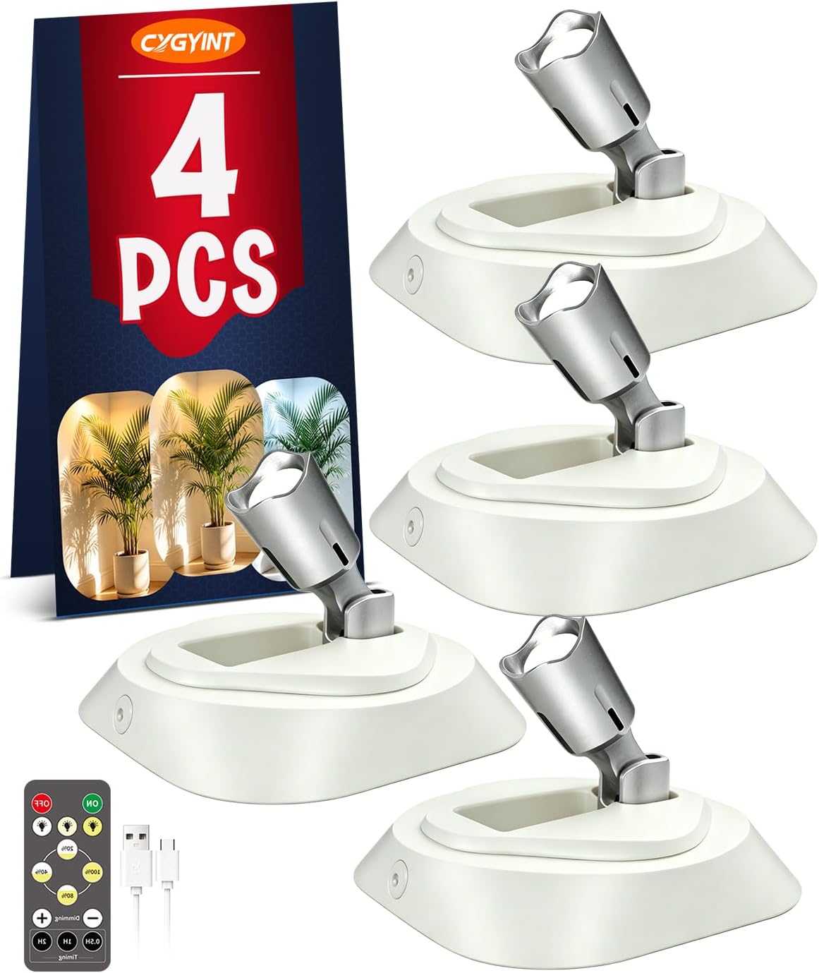 4 Pack Spot Lights Indoor Led Spotlight, Rechargeable Battery Wireless Up Lights Indoor Timer Remote, Small Dimmable Uplight for Plants Display Painting Dartboard Artwork Portrait Closet