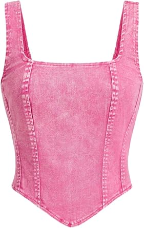 WDIRARA Womens Denim Corset Tank Top Asymmetrical Hem Crop Tops Sleeveless Zip Up Back Tanks