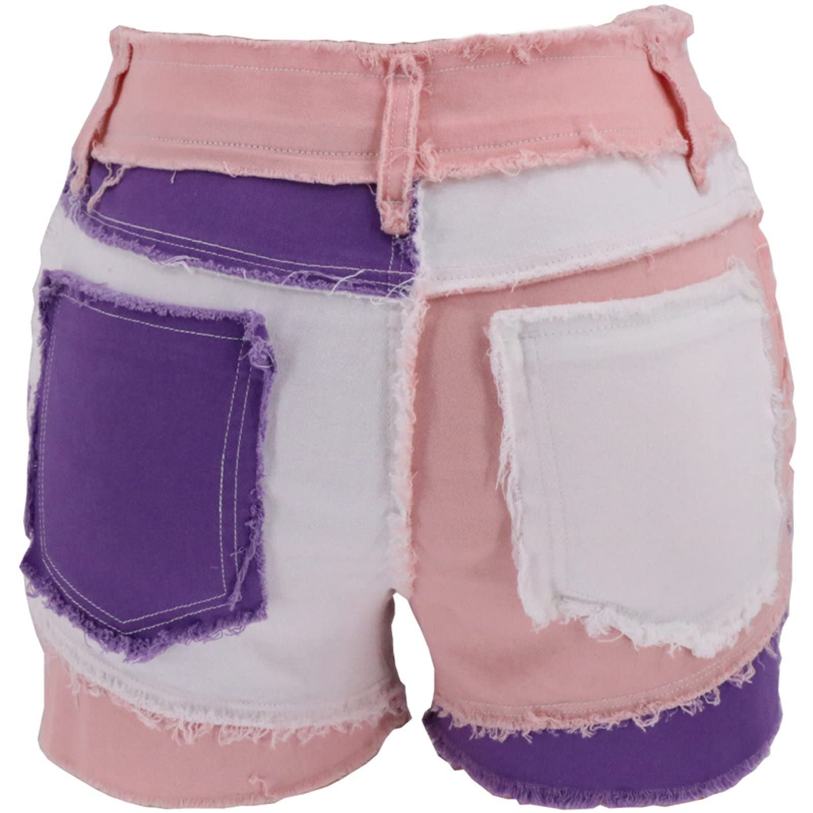 Womens Mid Rise Stretchy Patchwork Jeans Color Block Leg Raw Hem Denim Shorts Raw Frayed Casual Denim Shorts (Small,Purple)
