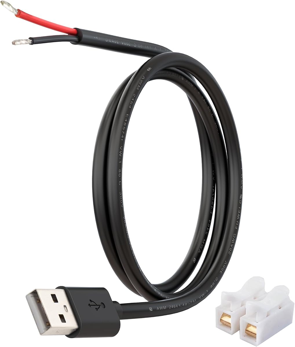 USB Power Pigtail Cable to Bare Wire 20AWG 5V 5A 3.3FT USB-A Male 1 Pack | USB-A male plug with copper quick wire connectors for DIY power wiring,LED strips,Arduino, low-voltage electronics projects