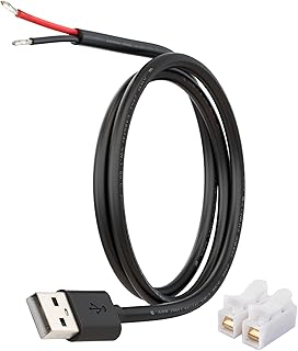 USB 파워 피그테일 케이블, 베어 와이어, 20AWG 1m/3.3FT USB-A 수 플러그 DIY 저전압 전원 와이어, 구리 퀵 와이어 커넥터 포함, LED 스트립, 아두이노, 전자 프로젝트용 5V 5A, 1팩