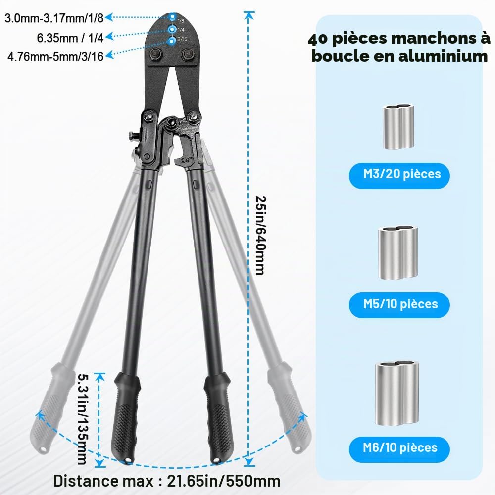 Outil à sertir câble métallique 3,2–6,35 mm, outil de sertissage manuel robuste et lourd avec 40 pièces manchons en aluminium, pour pêche, rambardes et câbles métalliques
