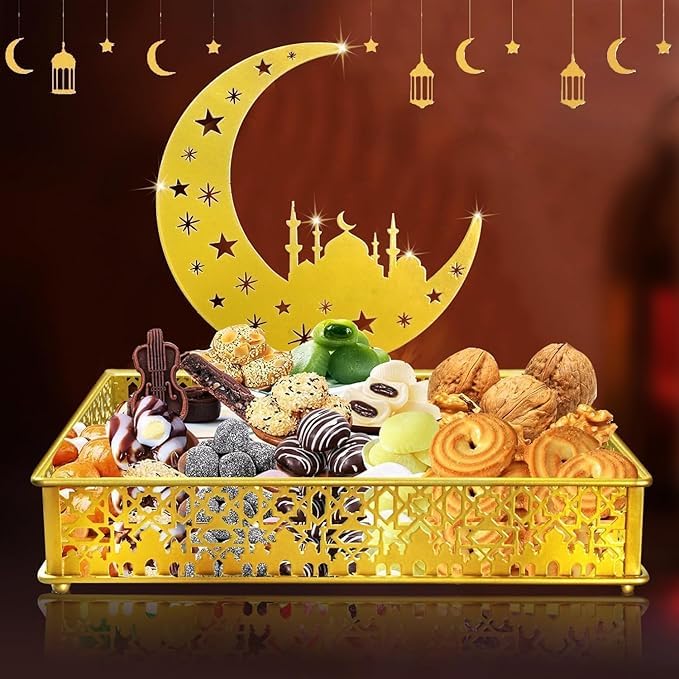 Serving Platter Ramadan Eid Tray Set, Gold, Moon and Star Shape, Decorative Serving Trays, Islamic Theme, 2 Piece Set
