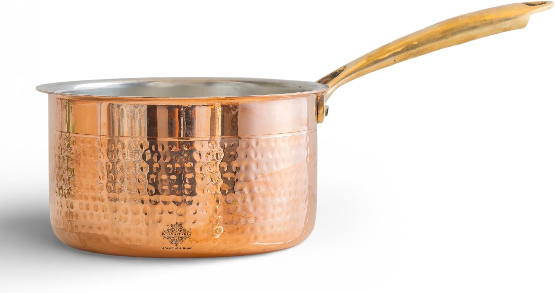 Indian Art Villa Copper Hammered Sauce Pan with Tin Lining, Long Handle Cookware for Cooking Sauces, Curries & Gravies, Traditional Indian Saucepan, 7.25 Inch