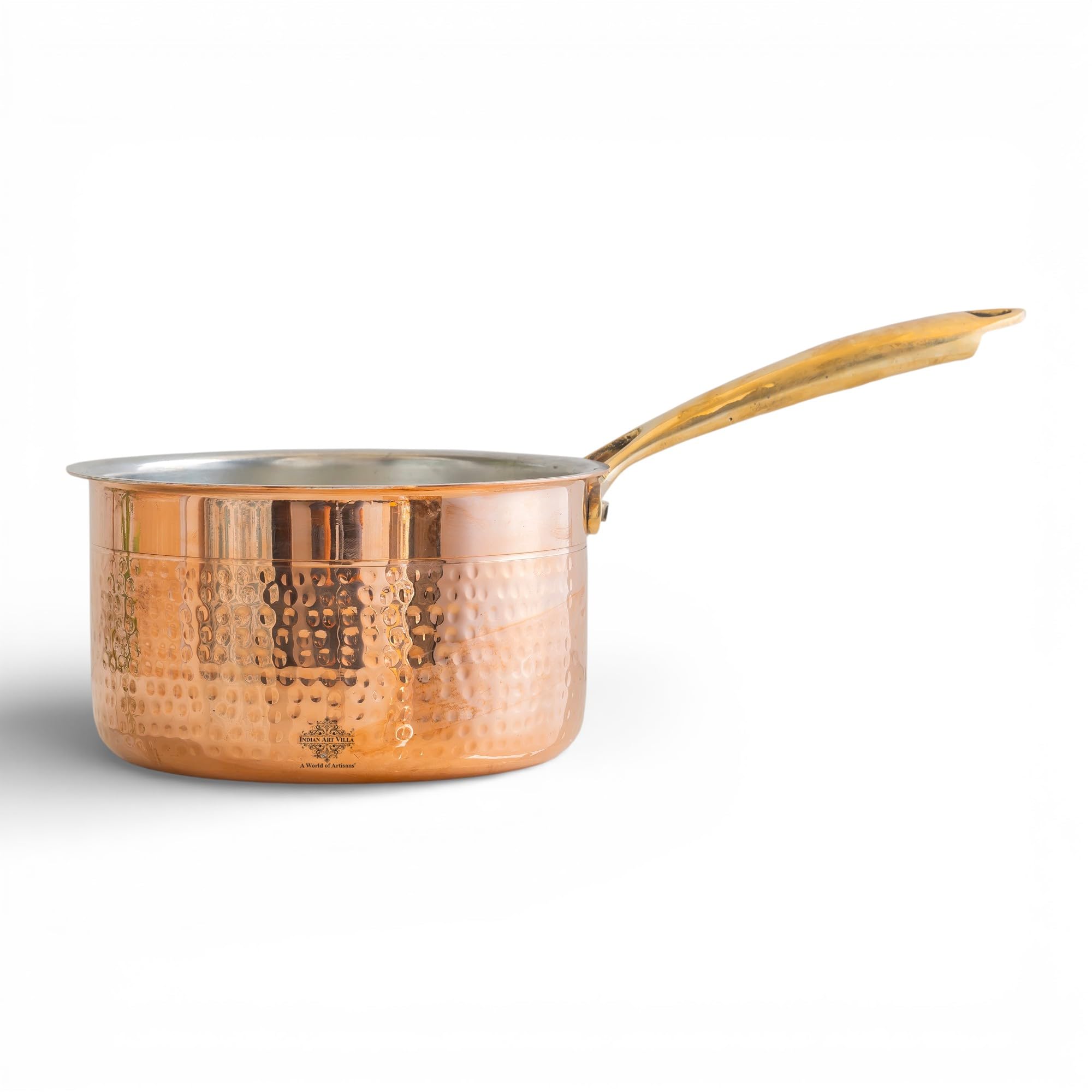 Indian Art Villa Copper Hammered Sauce Pan with Tin Lining, Long Handle Cookware for Cooking Sauces, Curries & Gravies, Traditional Indian Saucepan, 7.25 Inch