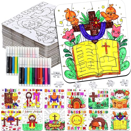 24Pcs Christian Easter Crafts for Kids Ages 4-8, Religious Easter Puzzle Jesus He Is Risen, Bible Jigsaw Arts Gifts for Classroom DIY Activity, Basket Stuffers, Spring Party Favors, Coloring Game Bulk