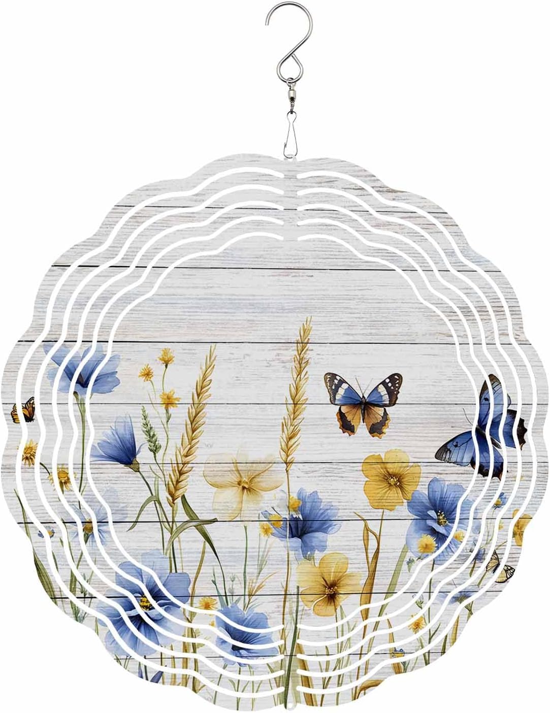 Blue Yellow Floral Wind Spinner 3D Stainless Steel, 12 in Round Shape Double Sided Circle Hanging Wind Spinners, Butterfly Wheat Wooden Planks Garden Art Wind Sculpture for Yard Porch Front Door