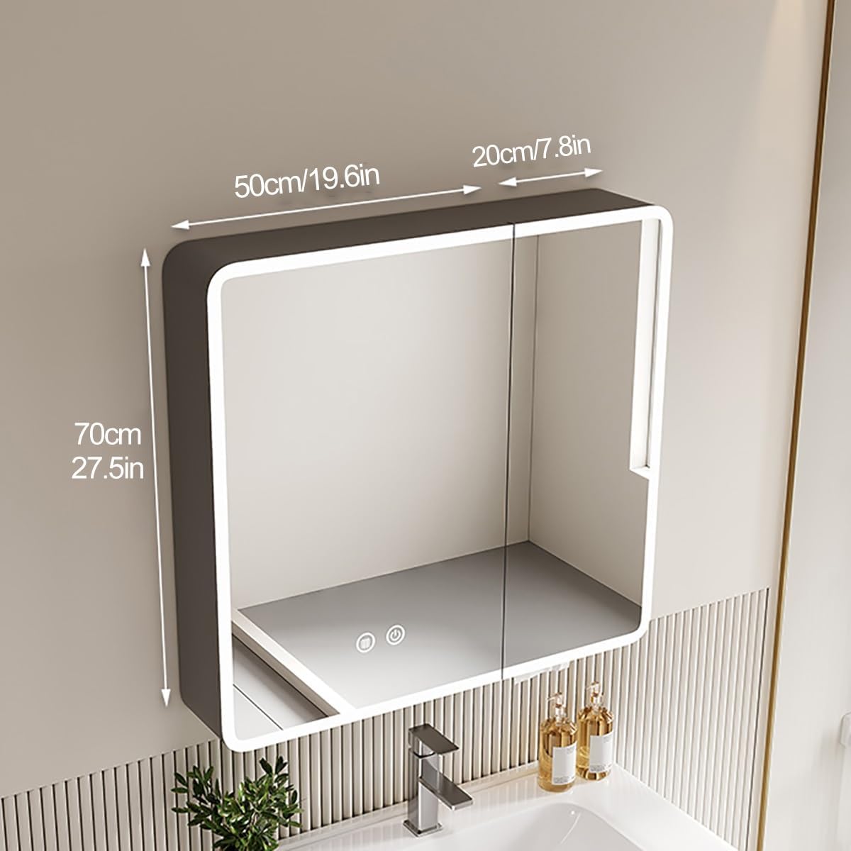 Rounded Corner Medicine Cabinet with LED Lights, Anti-Fog Bathroom Mirror Storage Shelf, Wall-Mounted Vanity Mirror for Bathroom, Stylish & Functional Design,Grau,70cm/28in