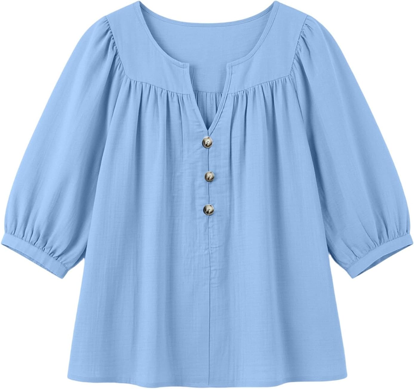 Womens Cotton Linen Tops V Neck Half Sleeve Button Down Henley Shirts Summer Fall Casual Work Gauze Blouses