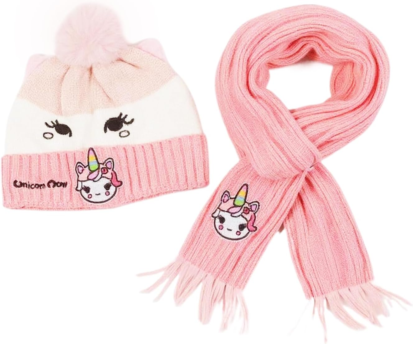 Kids Girls Winter Unicorn Hat and Scarf Set - Knit Beanie with Pom-Pom and Ears, Warm Knitted Scarf - Cute Cold Weather Accessories