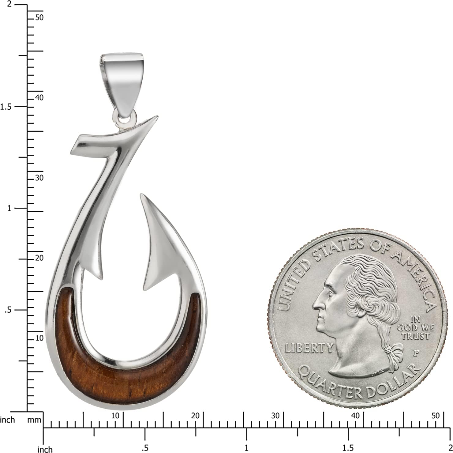 925 Sterling Silver Hawaiian Koa Wood Fish Hook Necklace Pendant with 18" Box Chain, Nickle Free Hypoallergenic for Sensitive Skin