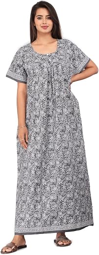 Kuruti B Sheets Women's Cotton Long Maxi Night Gown Nighty Dress, Super Soft Comfortable-Light Grey