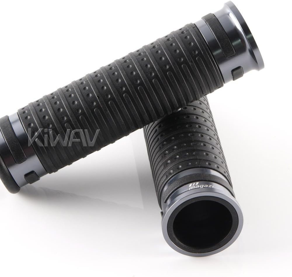 KiWAV Magazi Cyber Motorcycle Grips Anodized Aluminum Dark Grey Trim Pair 25mm and 22mm Universal Fit 7/8 Inch Bar