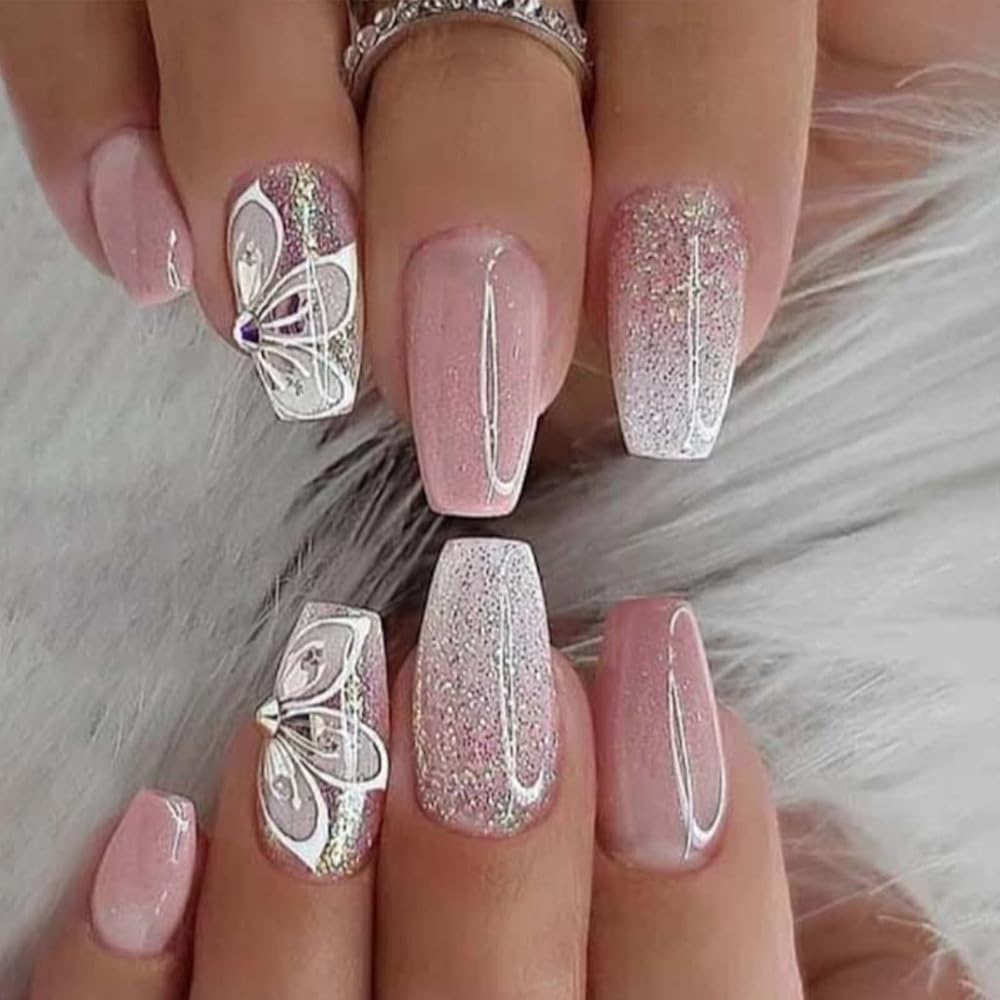 YoYoee Coffin False Nails Long Press on Nails Butterfly Gradient Fake Nails Acrylic Full Cover Bling Nails Tips for Women and Girls 24Pcs