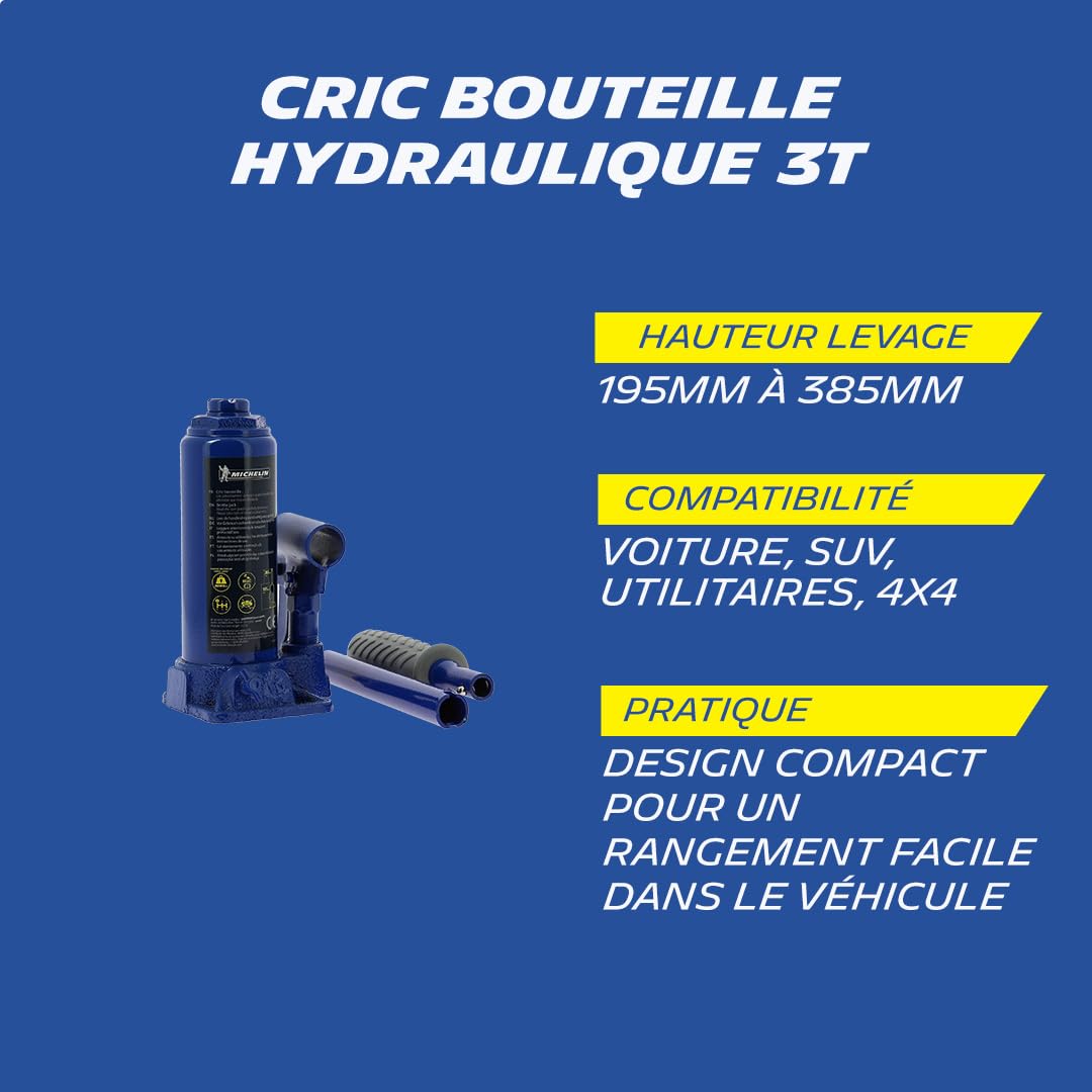 MICHELIN 009559 Cric hydraulique Bouteille 3T - Levage 195-385mm - Tige filetée réglable - Poignée Confort - Compact et Robuste pour Voitures, SUV, 4x4