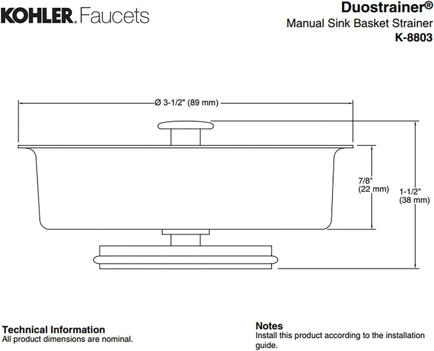 KOHLER K8803-CP Duostrainer Sink Strainer Basket, Removeable Stainless Steel Open/Close Stopper, Tight Seal, Polished Chrome