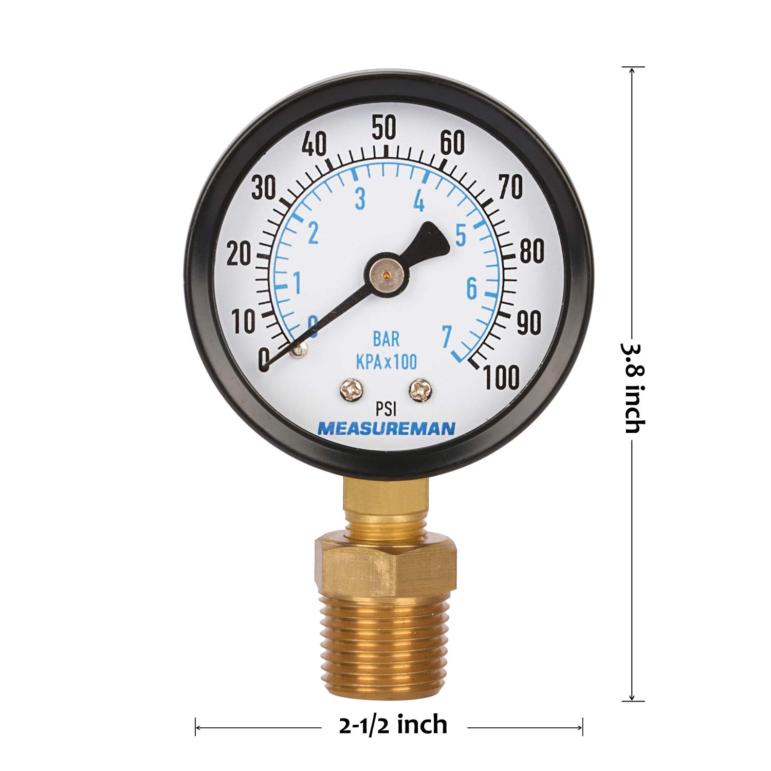 MEASUREMAN 2-1/2" dial, 1/4"NPT Lower Mount, Steel case, Brass Inside, Dry, 0-100psi/kpa, Adaptor 1/2"NPT Male