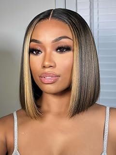 Ali Pearl 13x4 Lace Front Wig Human Hair 180% Density Honey Blonde Highlight Straight Bob Wig Pre Plucked Natural Hairline Free Part 1B/27 Human Hair Bob Wigs for Black Women 12 Inch