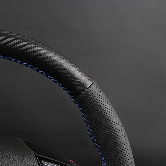 Steering Wheel Cover, Matte Carbon Fiber and Microfiber Leather, Stitch On Wrap, Universal Fit for Cars and Trucks,Blue