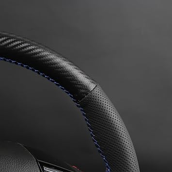 Steering Wheel Cover, Matte Carbon Fiber and Microfiber Leather, Stitch On Wrap, Universal Fit for Cars and Trucks,Blue