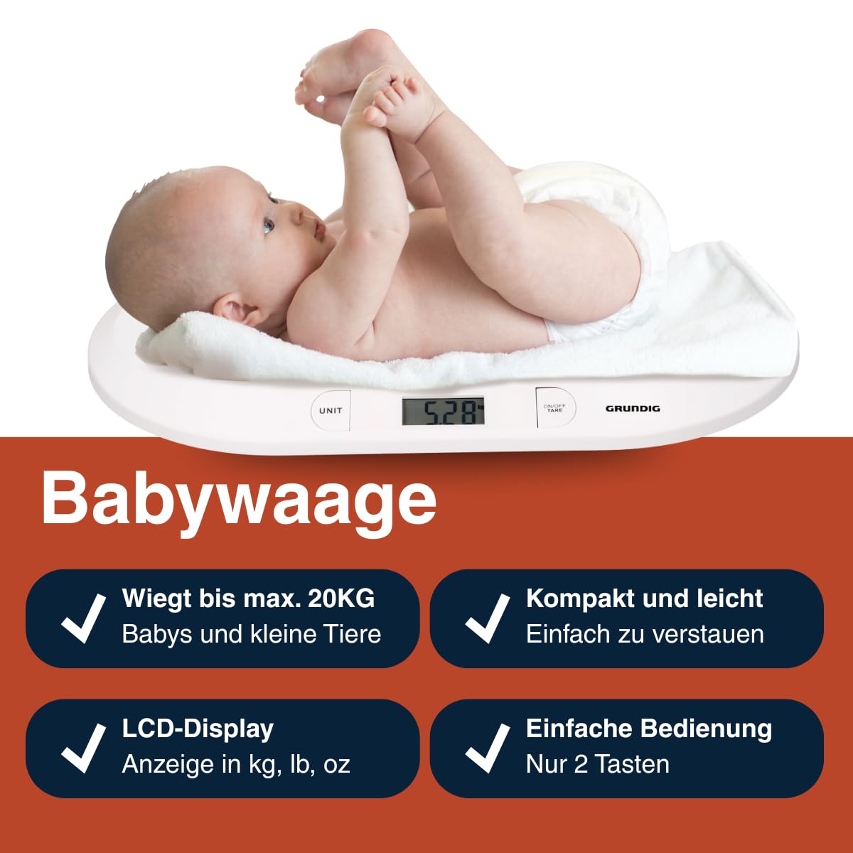 Grundig Babywaage Digital - Waage Max. 20 Kg - Personenwaage mit LED Anzeige - Baby Waage mit Tarafunktion und Display - Inkl. Batterien - Weiß
