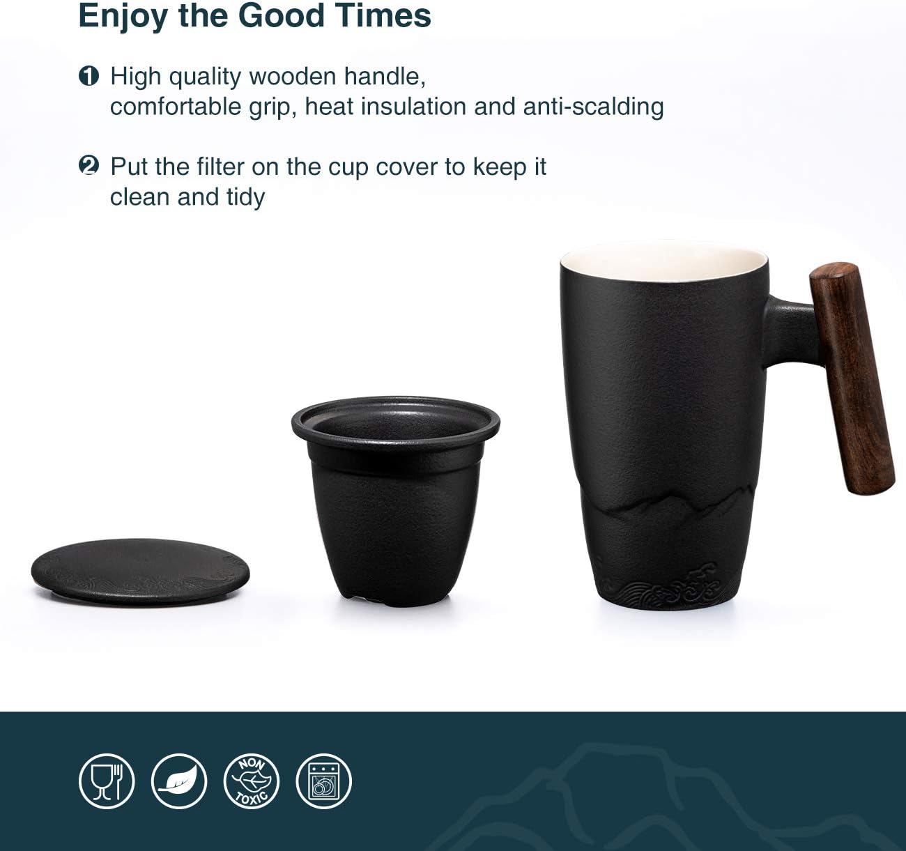 suyika Tomotime Ceramic Tea Cup with Infuser and Lid Tea Mugs Wooden Handle 400ml/13.5oz Black - Image 3