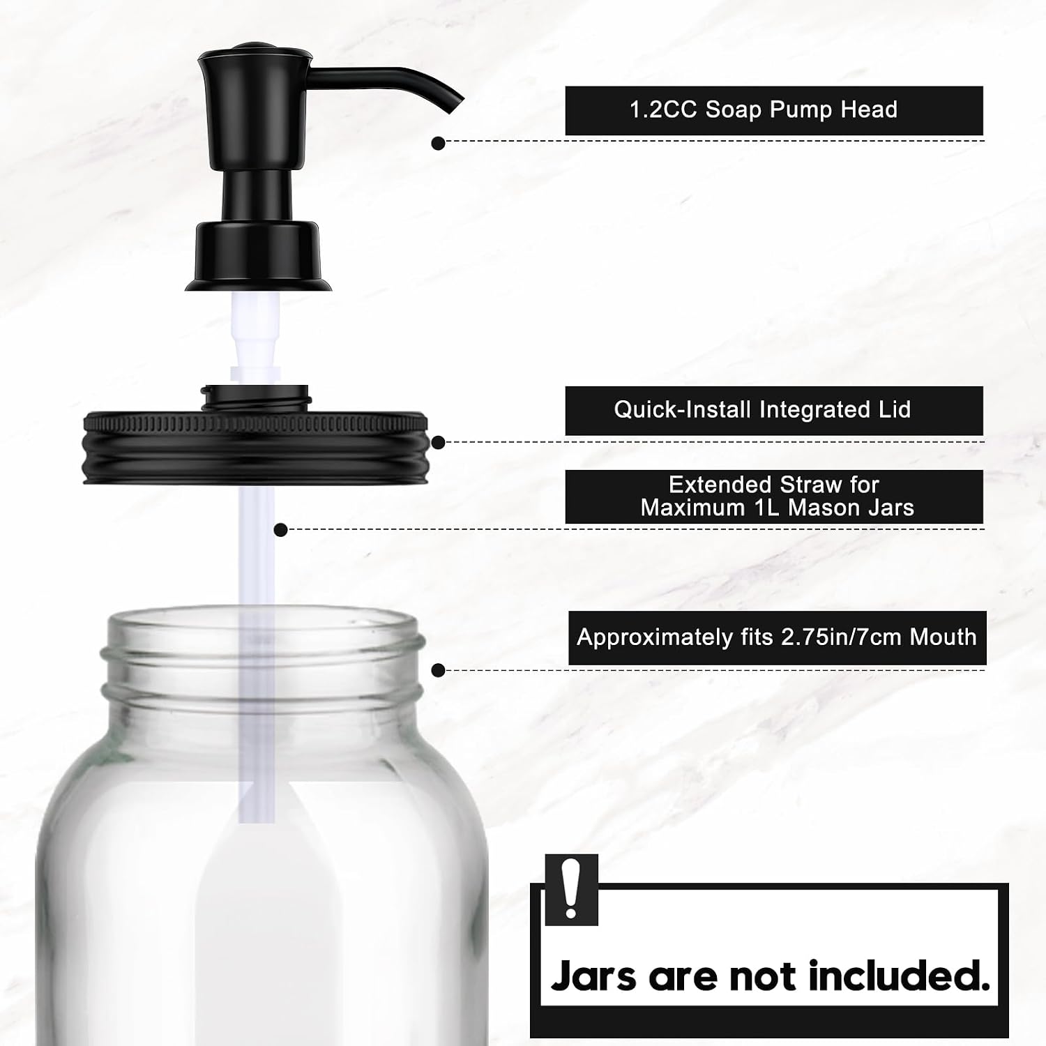 Plastic Soap Dispenser Set, 1.2CC Rustproof Pump and Lids for Regular Mouth Mason Jars, Quick Assemble Accessories for Farmhouse Kitchen Bathroom Counter Decor - 4 Pack Black