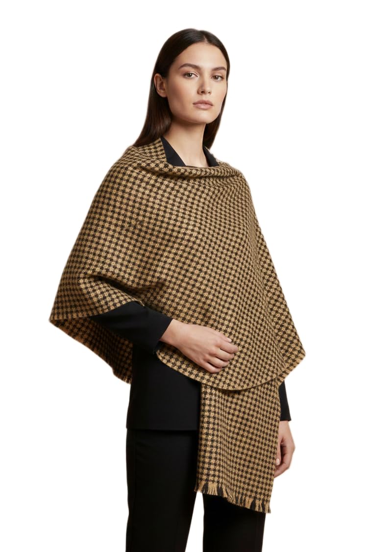 Women's Winter Shawl, Houndstooth Pattern, Camel and Black, Wrap with Fringe-image-20