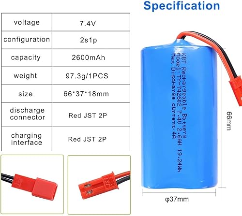 Miniatura 3 de KBT 7.4V 2600mAh Paquete de Batería Recargable de Iones de Litio, Enchufe JST-2P Rojo Baterías de Iones de Litio para Productos Electrónicos,