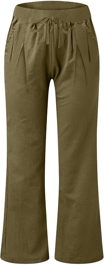Linen Pants Women Low-Rise Summer Pant High Elastic Baggy Drawstring Trouser Wide Leg Vacation Outfit Casual Pant