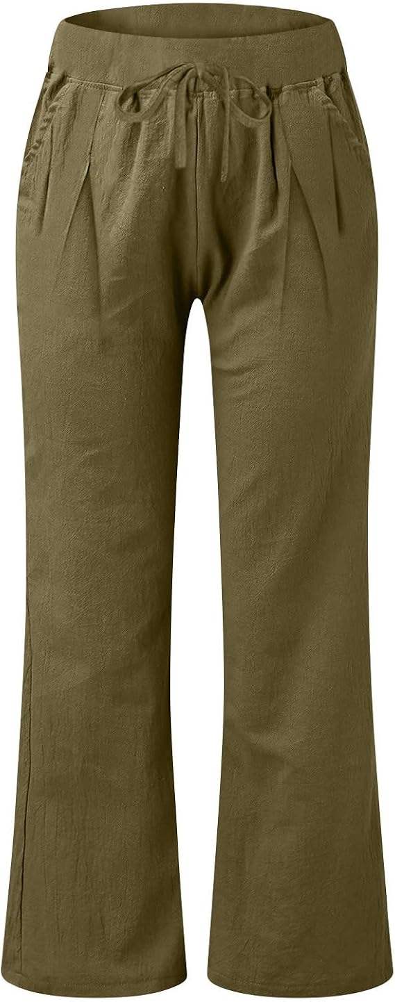 Linen Pants Women Low-Rise Summer Pant High Elastic Baggy Drawstring Trouser Wide Leg Vacation Outfit Casual Pant