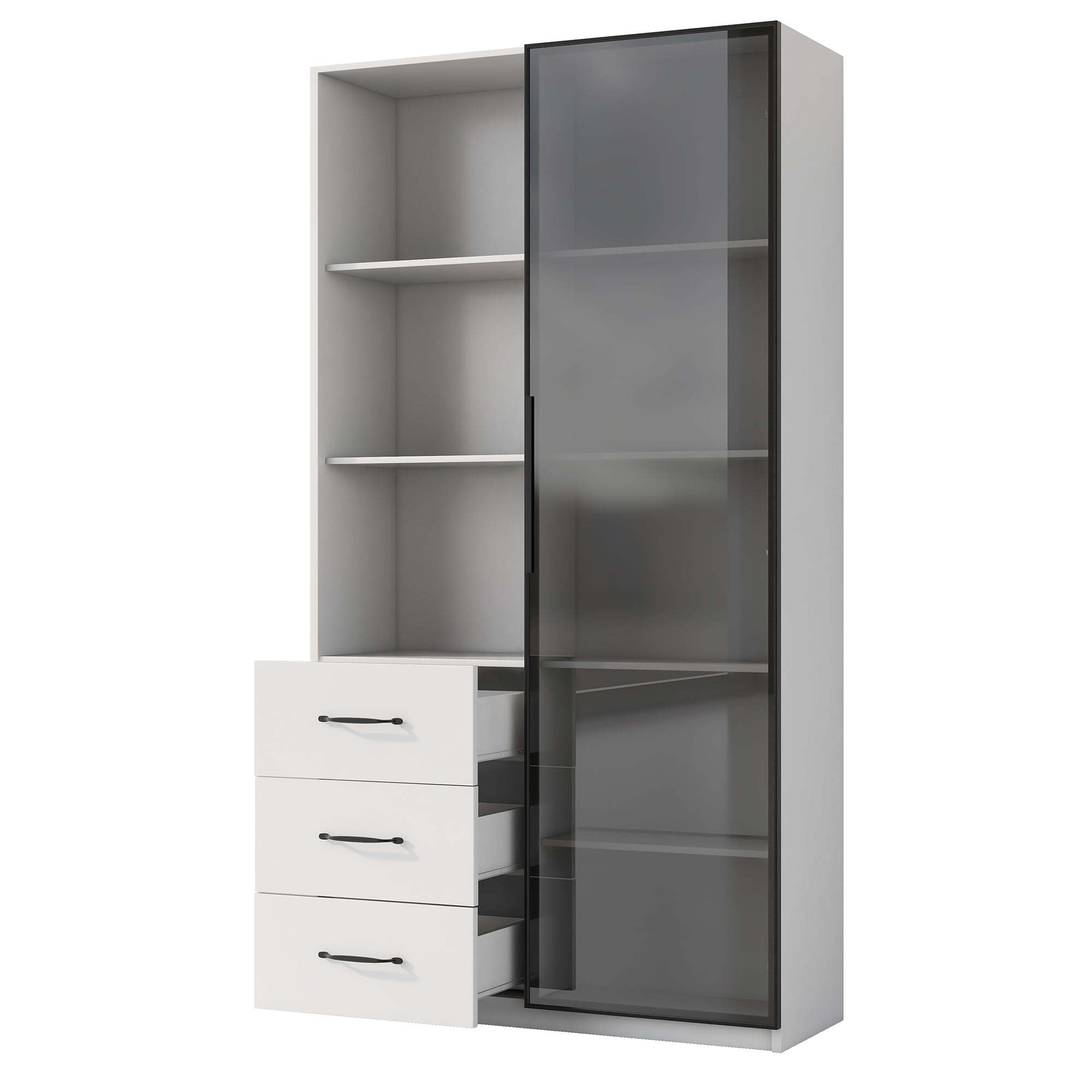 Merax Vitrina LED de 80 x 40 x 160 cm, estantería con puerta de cristal templado, 3 cajones y 3 compartimentos abiertos, marco de aluminio, LED multicolor, armario de cocina, color blanco