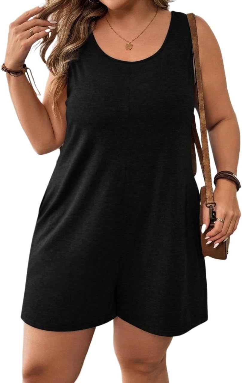 Rompers for Women Summer 2026 Plus Size Crew Neck Pocketed Casual Romper