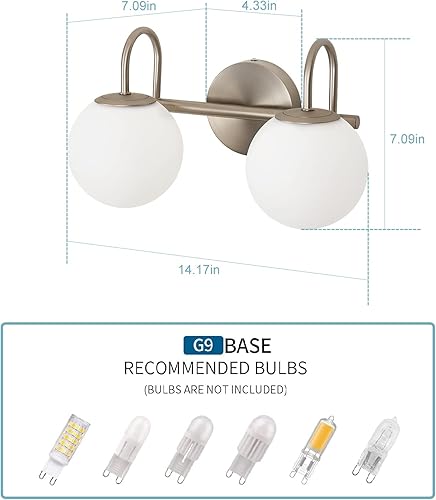 Miniatura 3 de Moderna lámpara de tocador de baño, accesorios de iluminación, níquel cepillado, 2 luces con pantalla de vidrio globo blanco leche, aplique de pared